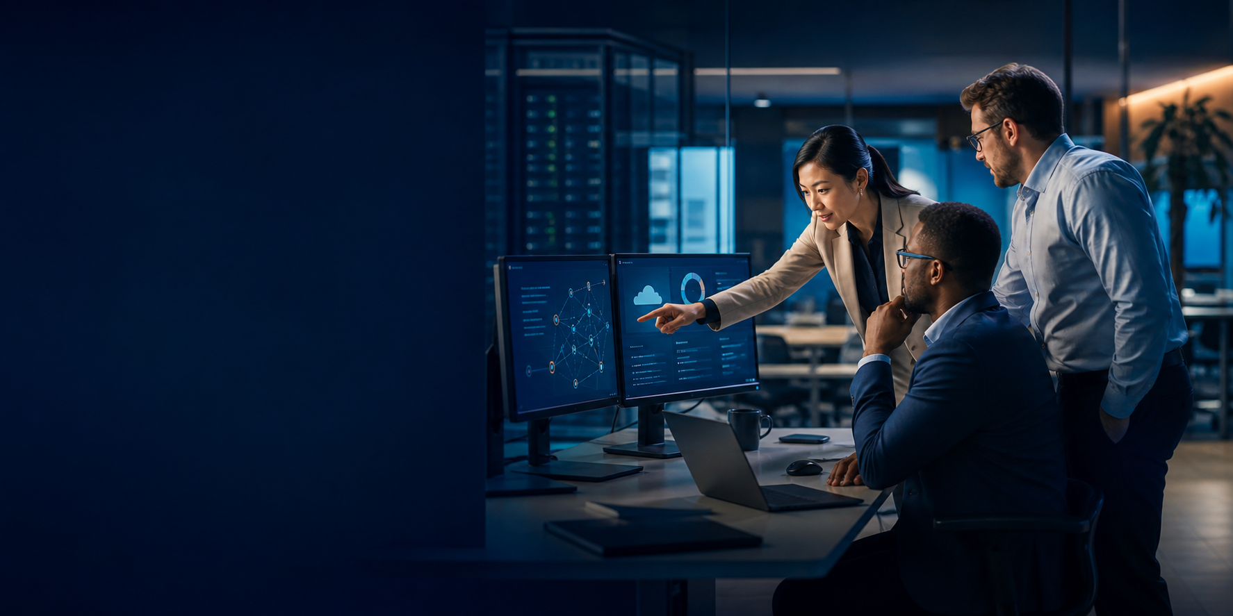 DCX-style IT professionals collaborating with business stakeholders over dashboards and cloud operations